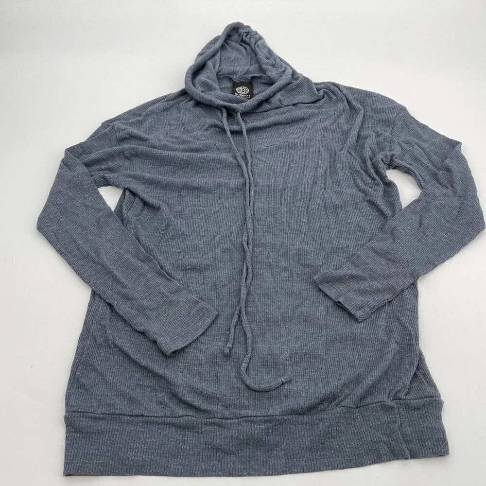 Bobeau Top XS Womens Gray Blue Lightweight Hooded Knit Casual Drawstring Stretch